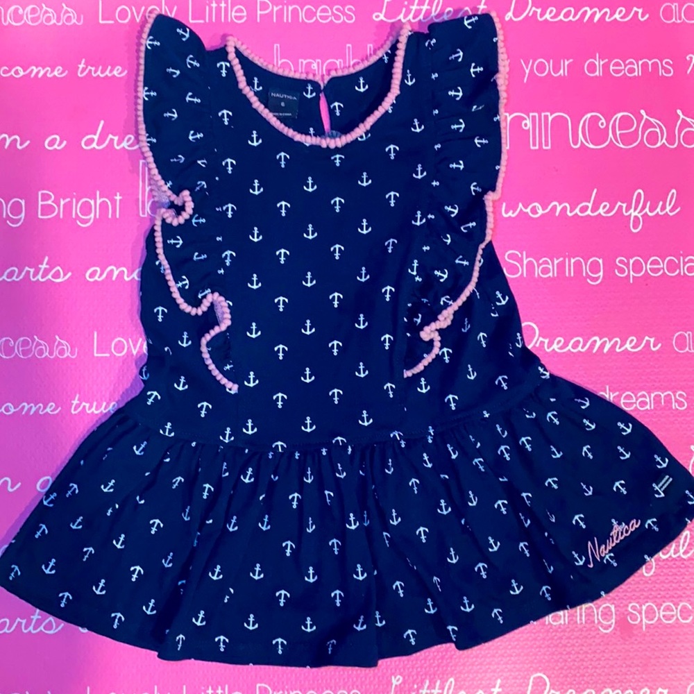 Nautica Girls’ Navy Nautical Anchor Theme Dress with Pink Ruffle Trim Size 6